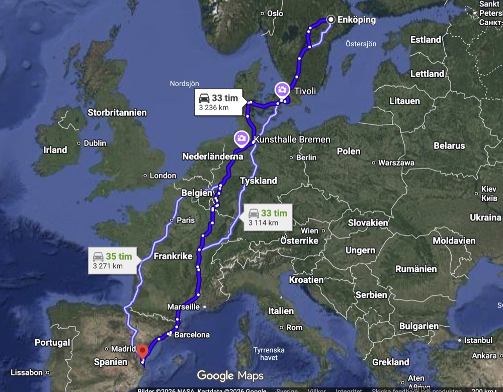 Google Maps route from home to Spain, roughly 3,236 km and 33 hours of driving